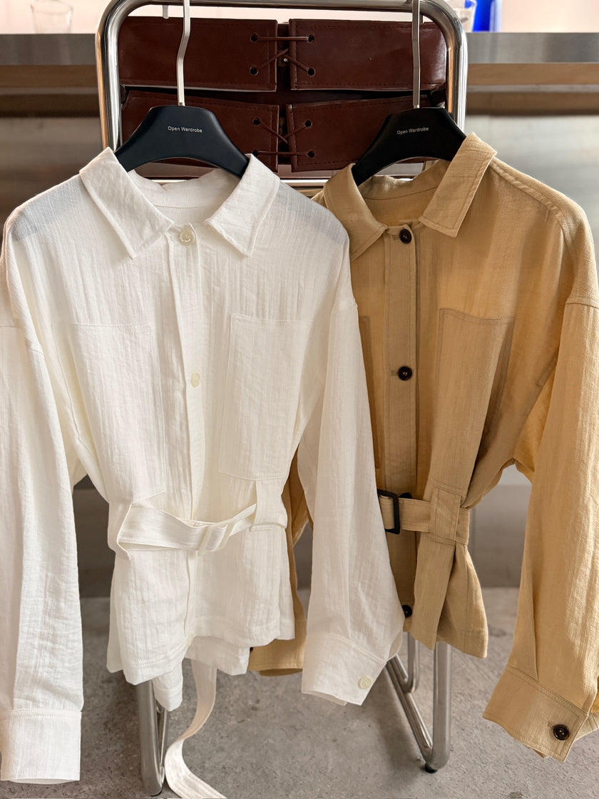 微風亞麻風衣襯衫-白