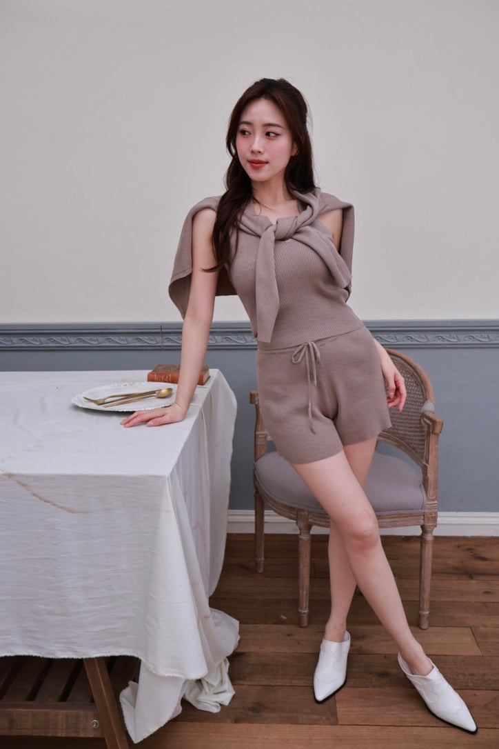 涼感坑條針織短褲-摩卡