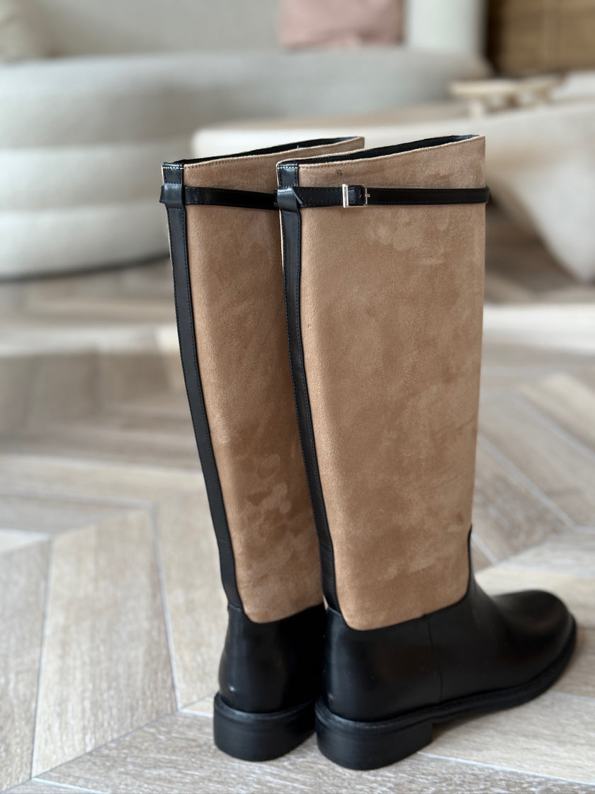 麂皮拼接皮革長筒靴-棕
