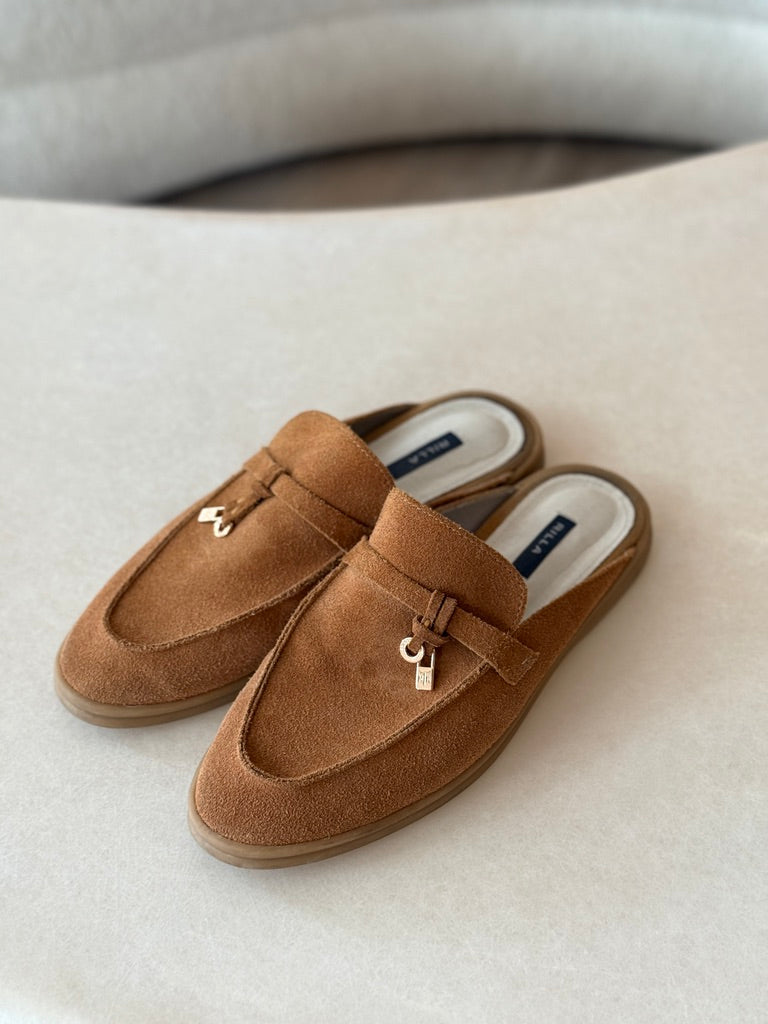 真皮樂福麂皮半拖鞋-棕