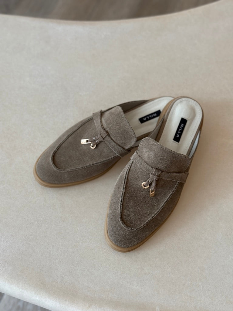 真皮樂福麂皮半拖鞋-沙色