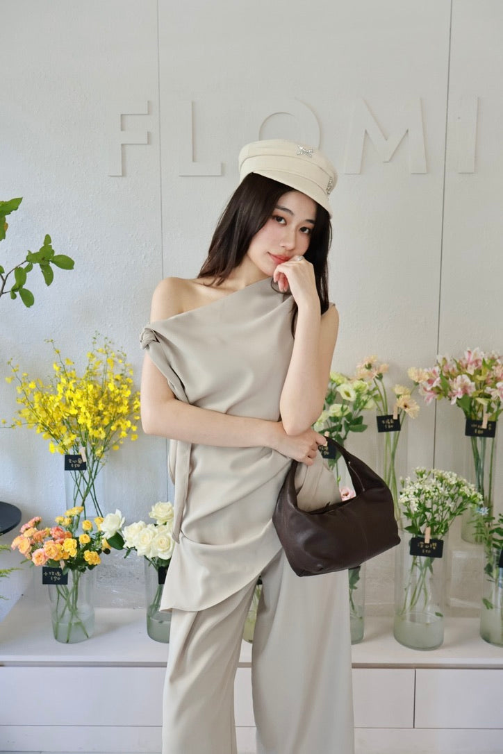 歐膩綁帶露肩上衣-灰