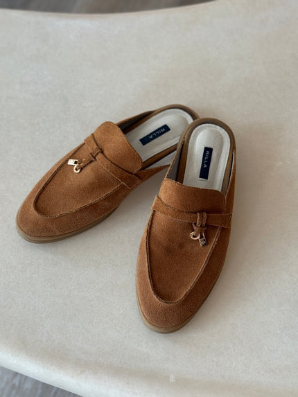 真皮樂福麂皮半拖鞋-棕