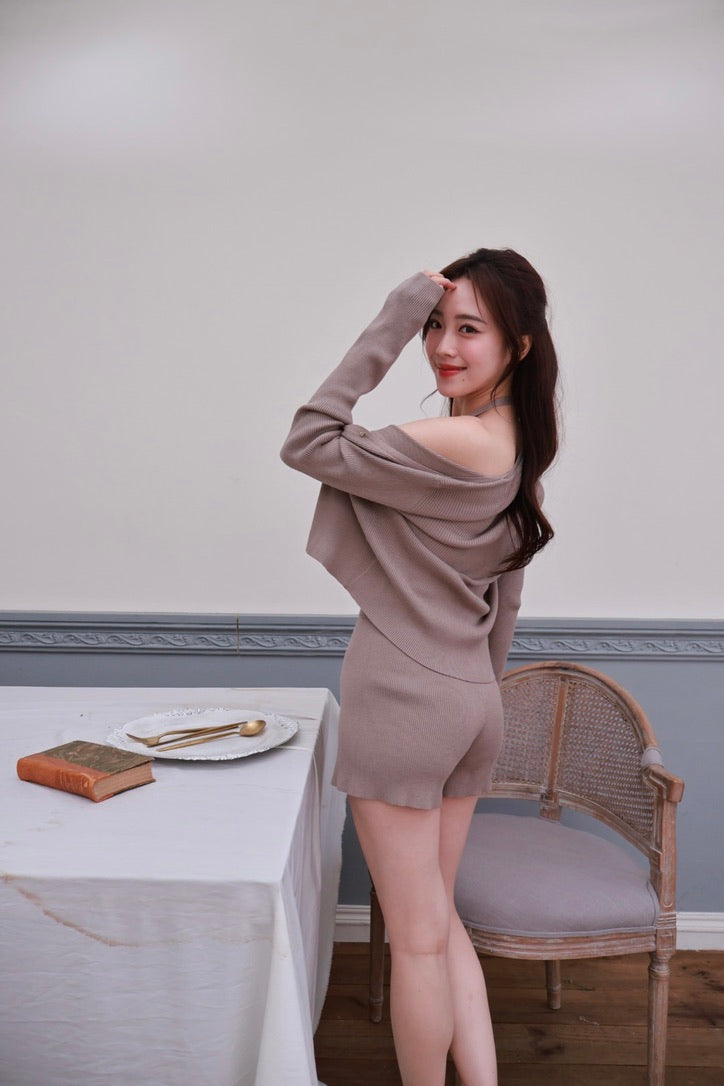 涼感坑條針織短褲-摩卡