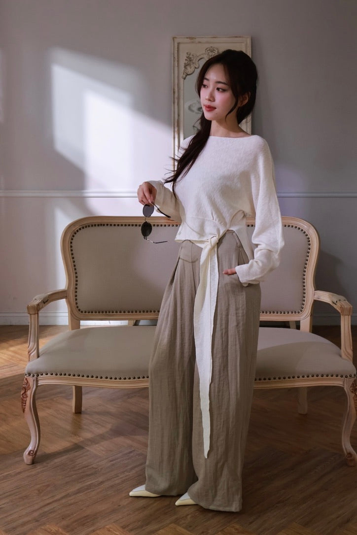 鬆弛感亞麻抽繩褲-奶茶