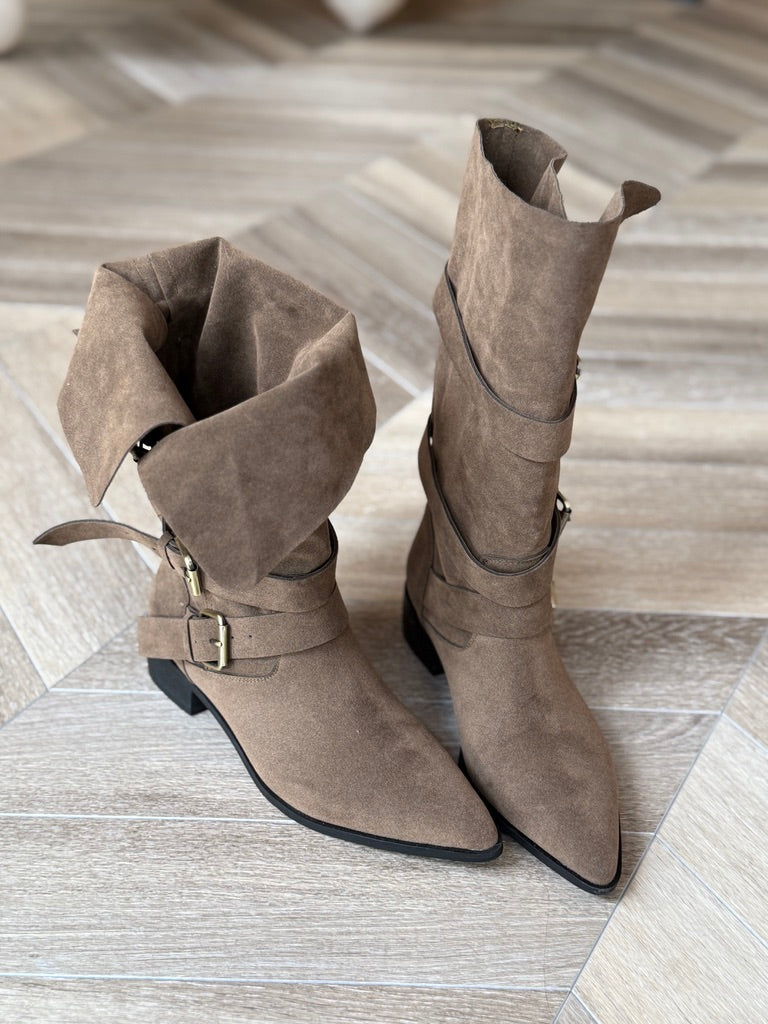 霧面麂皮反摺軍靴-咖綠