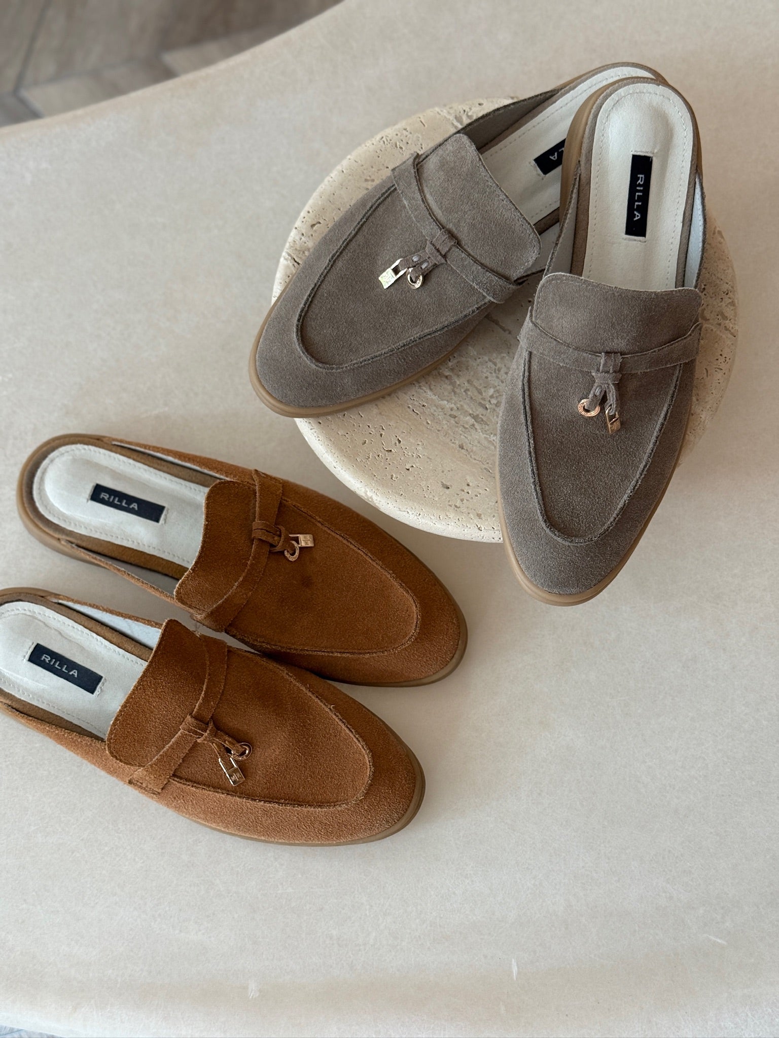 真皮樂福麂皮半拖鞋-沙色