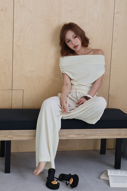 假期針織休閒褲-米白