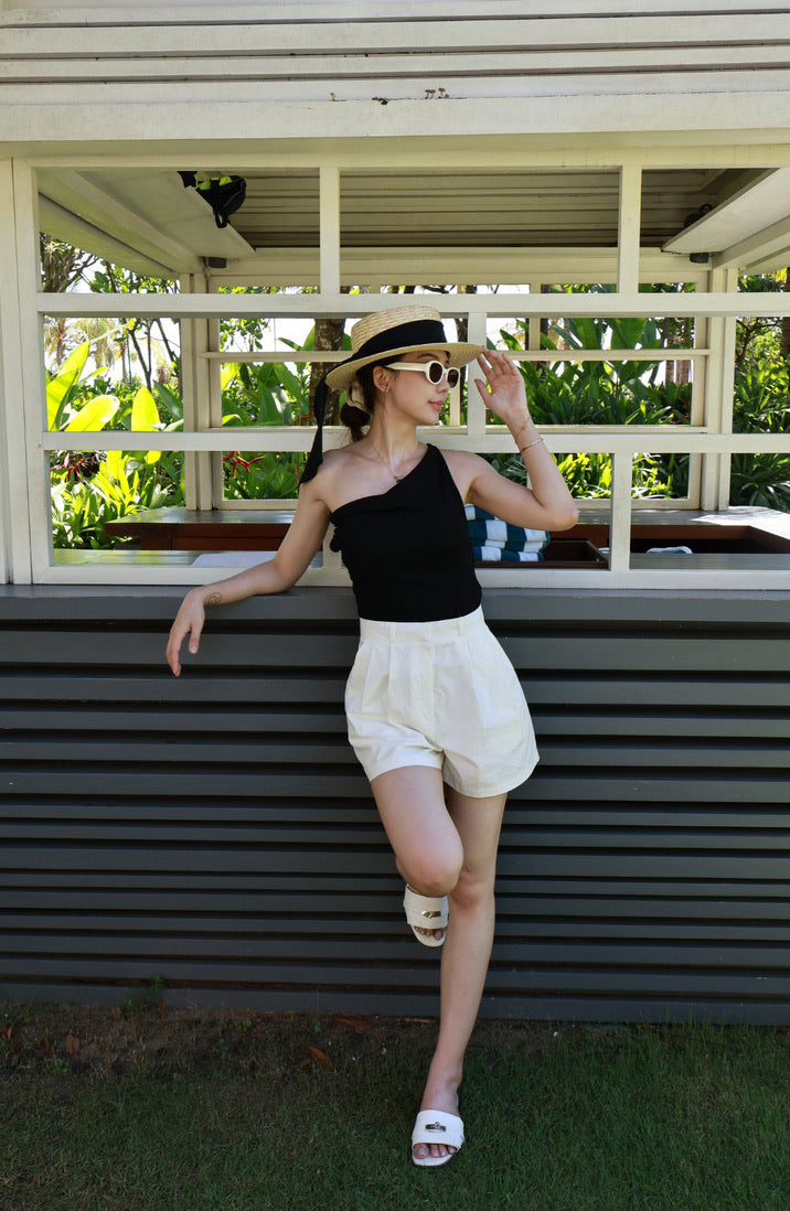 海風挺版打褶短褲-白