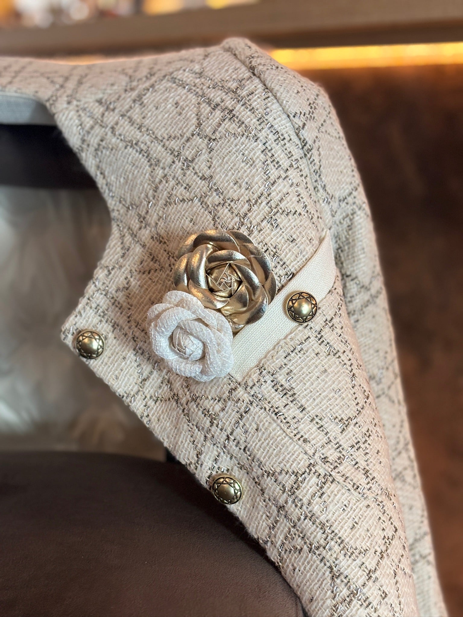 羊毛藤格紋西裝外套-米白