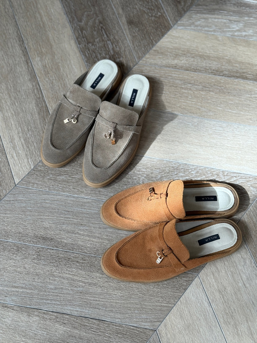 真皮樂福麂皮半拖鞋-棕