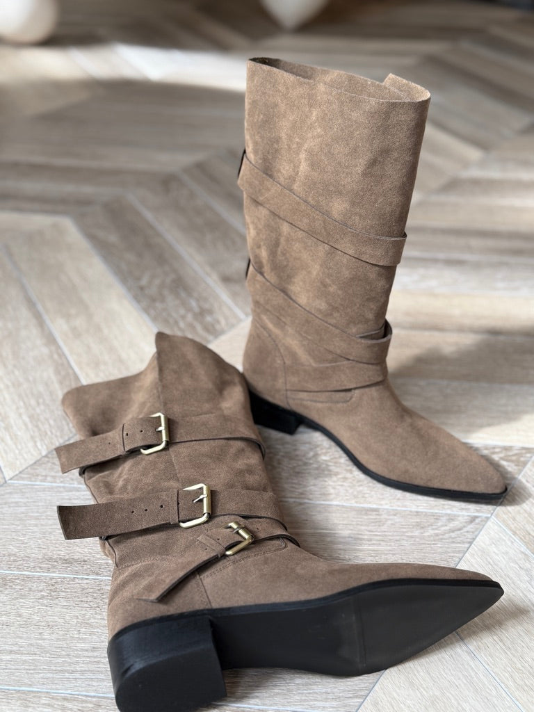 霧面麂皮反摺軍靴-咖綠