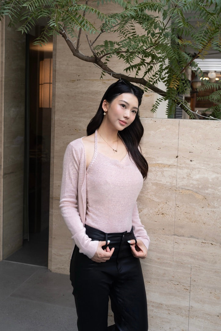 麻花掛脖背心罩衫組-淺粉