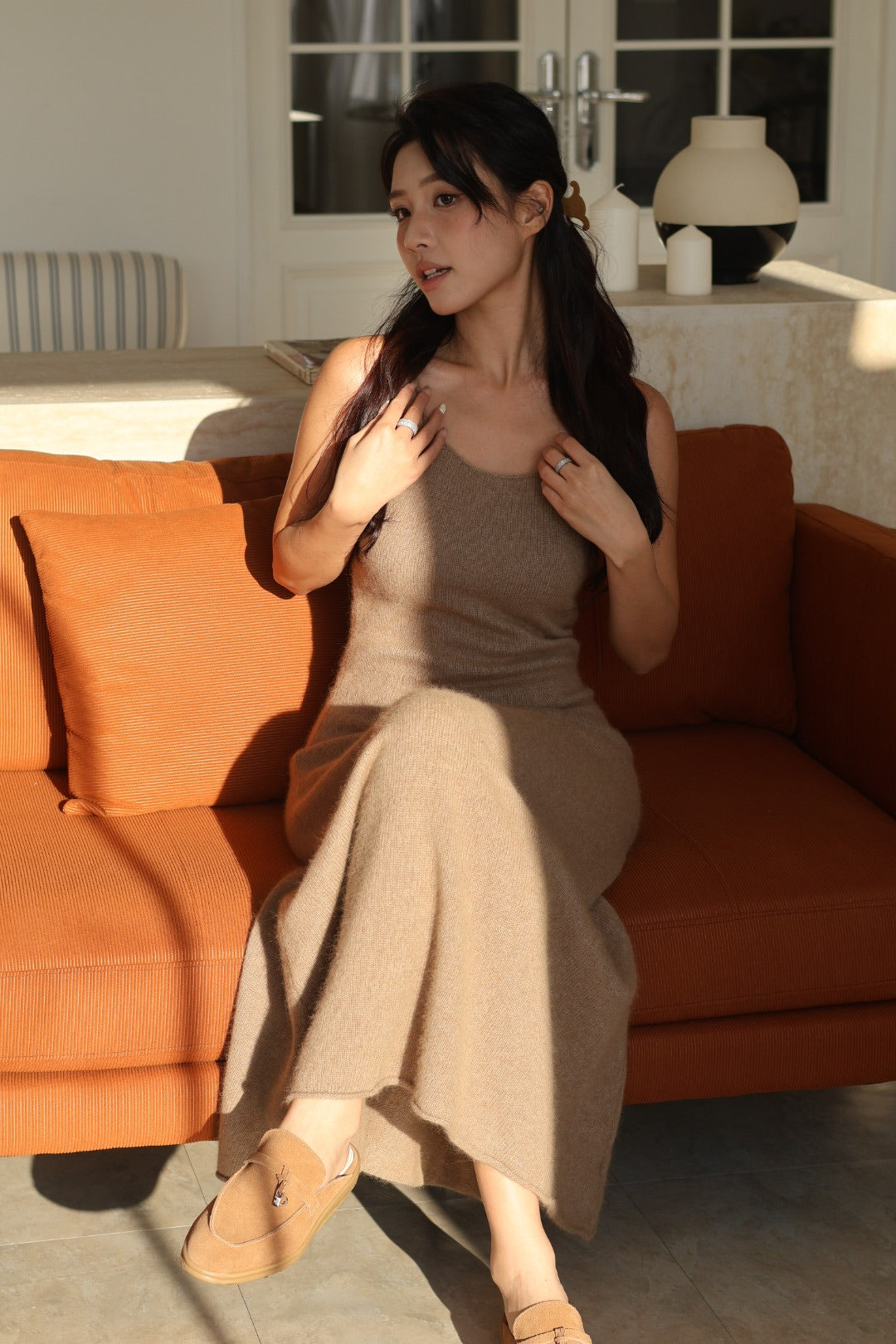 真皮樂福麂皮半拖鞋-棕