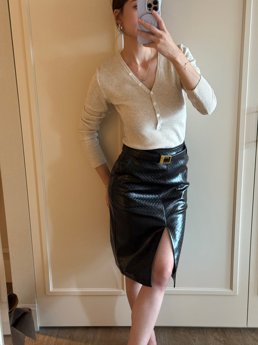 工藝編織紋開衩皮裙(附皮帶)