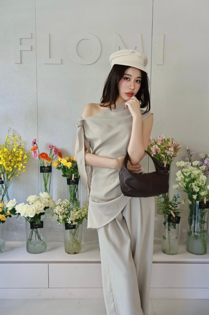 歐膩綁帶露肩上衣-灰