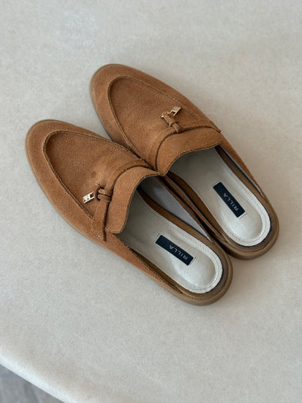 真皮樂福麂皮半拖鞋-棕