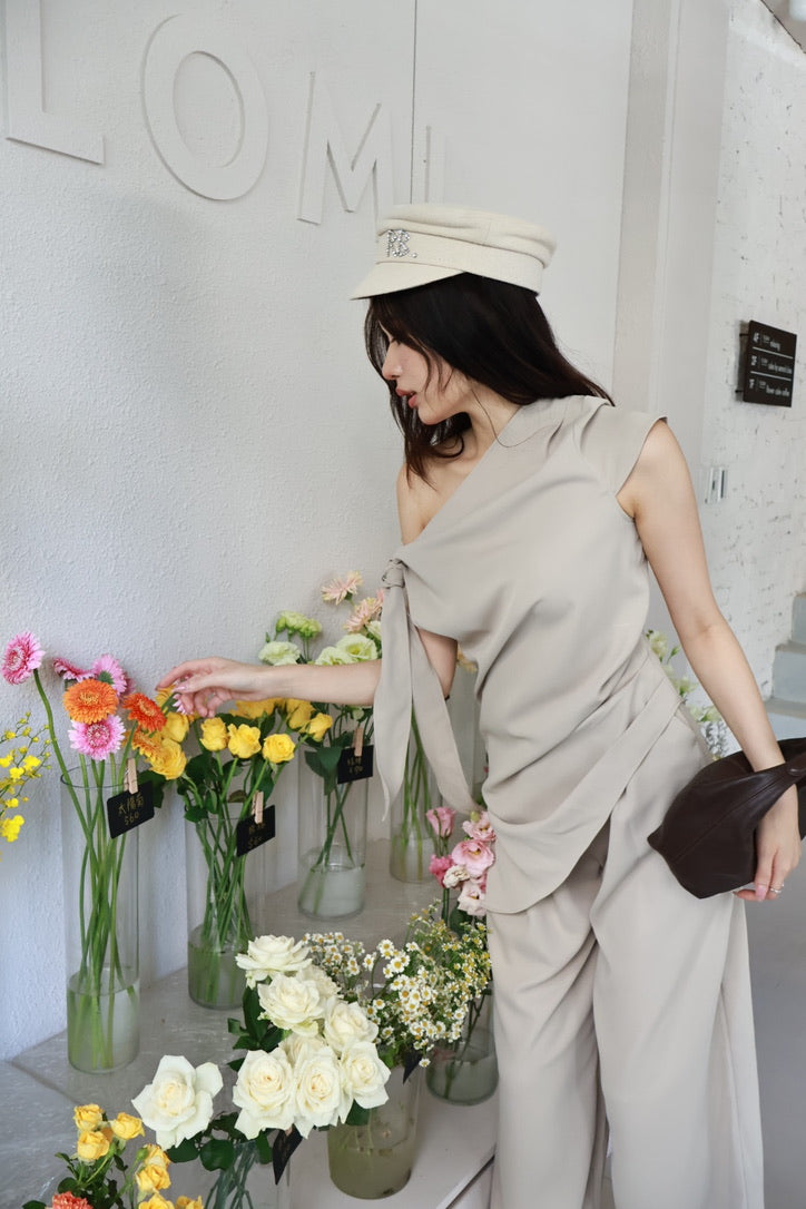 歐膩綁帶露肩上衣-灰