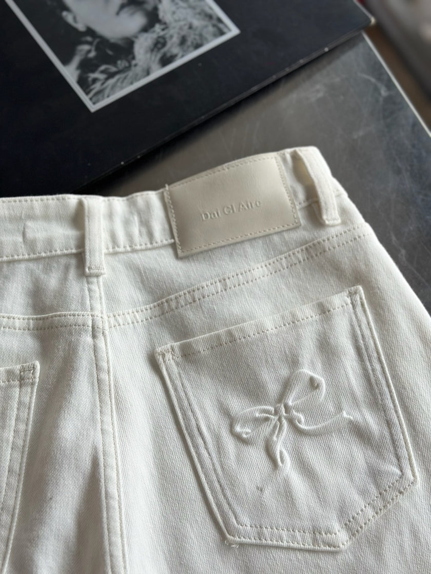 浮雕彈力高腰牛仔褲-白