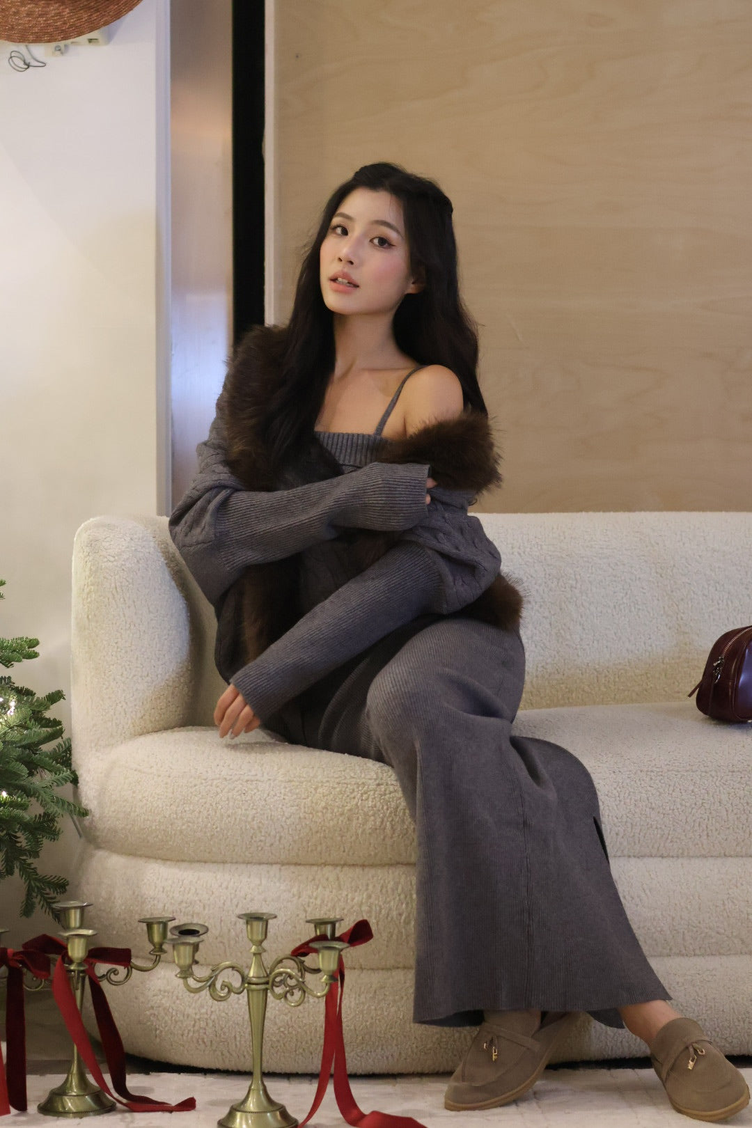 真皮樂福麂皮半拖鞋-沙色