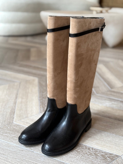 麂皮拼接皮革長筒靴-棕