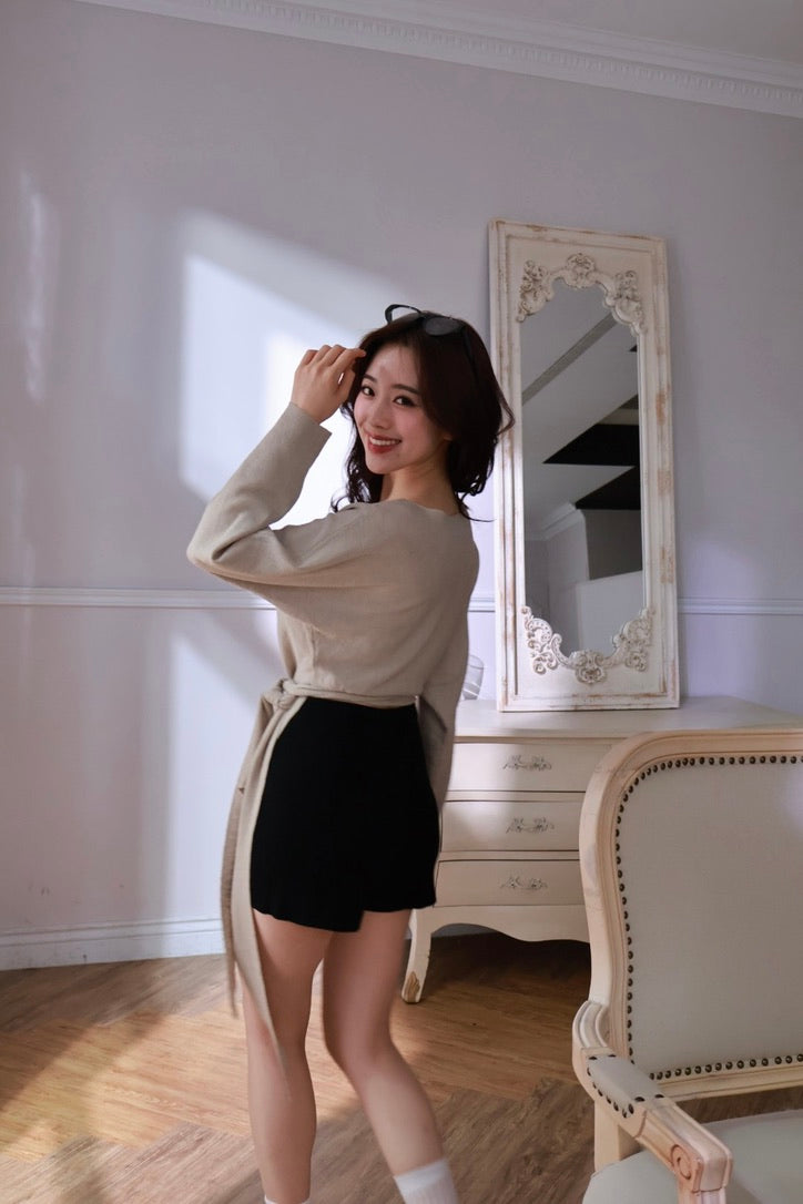 涼感坑條針織短褲-黑