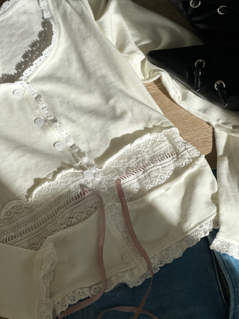 芭蕾風蕾絲緞帶上衣-白