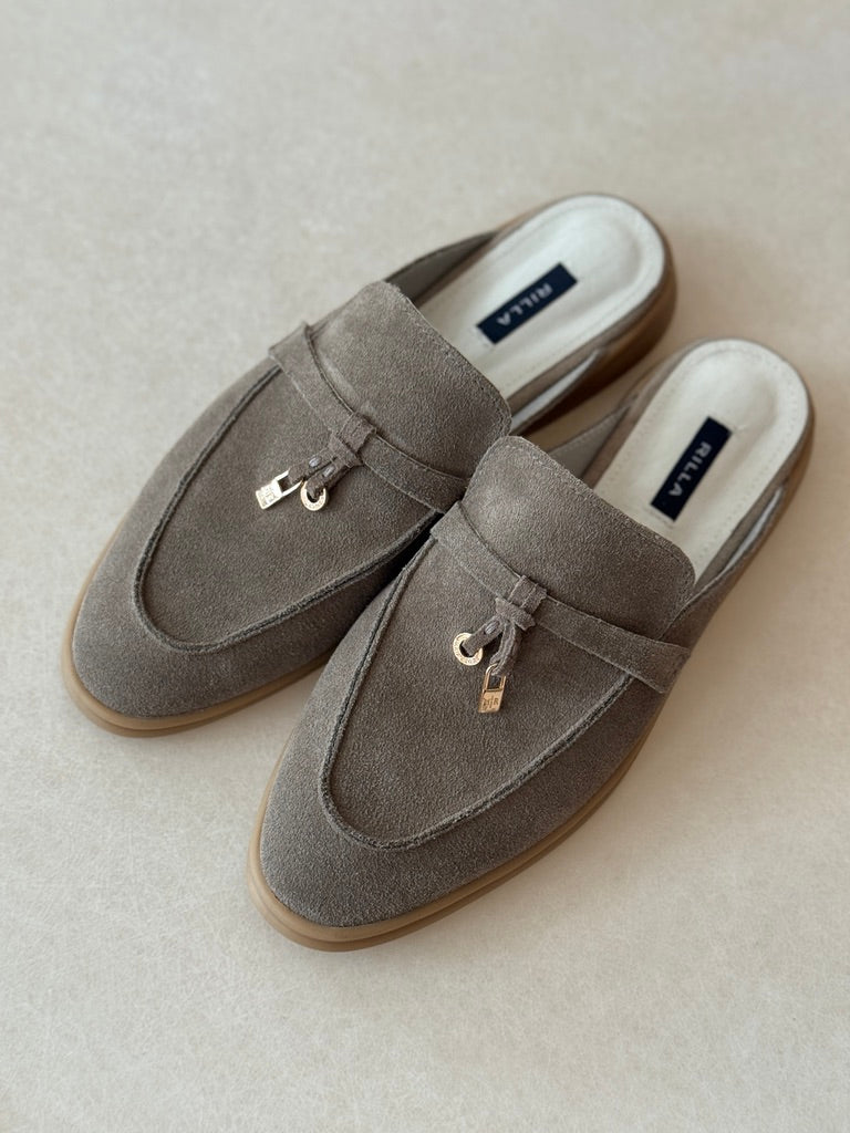 真皮樂福麂皮半拖鞋-沙色