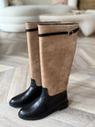 麂皮拼接皮革長筒靴-棕