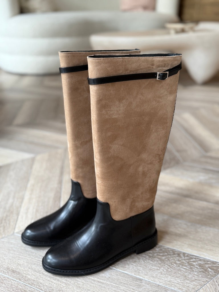 麂皮拼接皮革長筒靴-棕