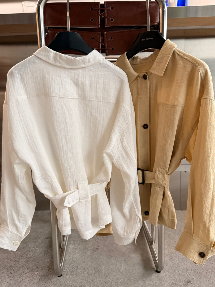 微風亞麻風衣襯衫-奶茶