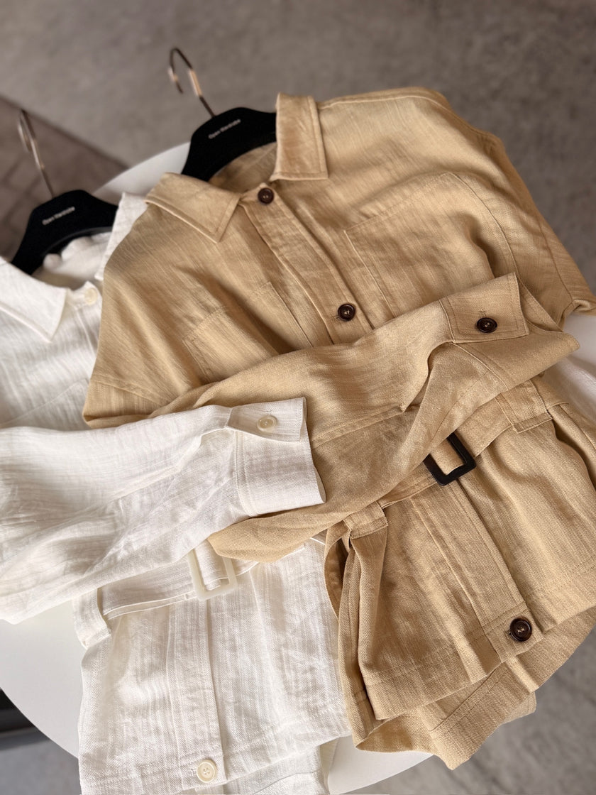 微風亞麻風衣襯衫-白