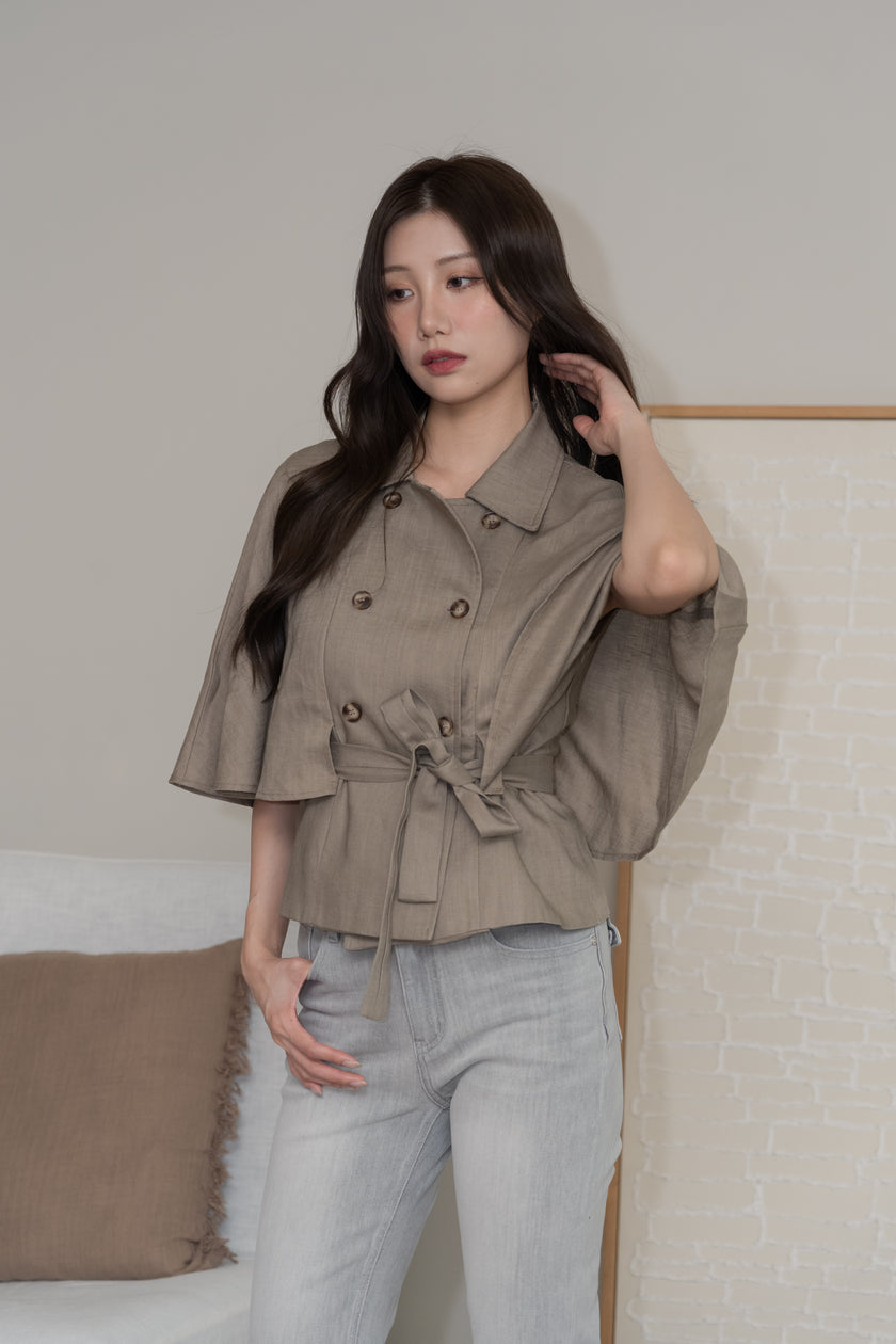 天絲亞麻斗篷綁帶罩衫-杏灰