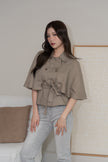 天絲亞麻斗篷綁帶罩衫-杏灰