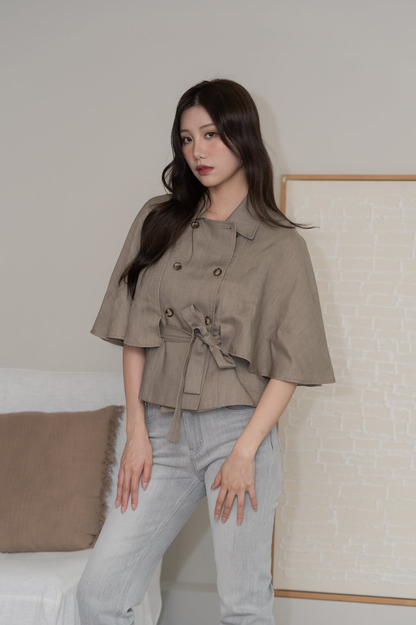 天絲亞麻斗篷綁帶罩衫-杏灰