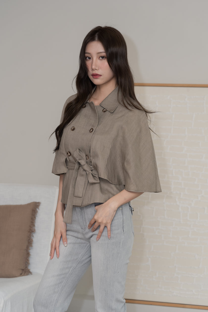 天絲亞麻斗篷綁帶罩衫-杏灰