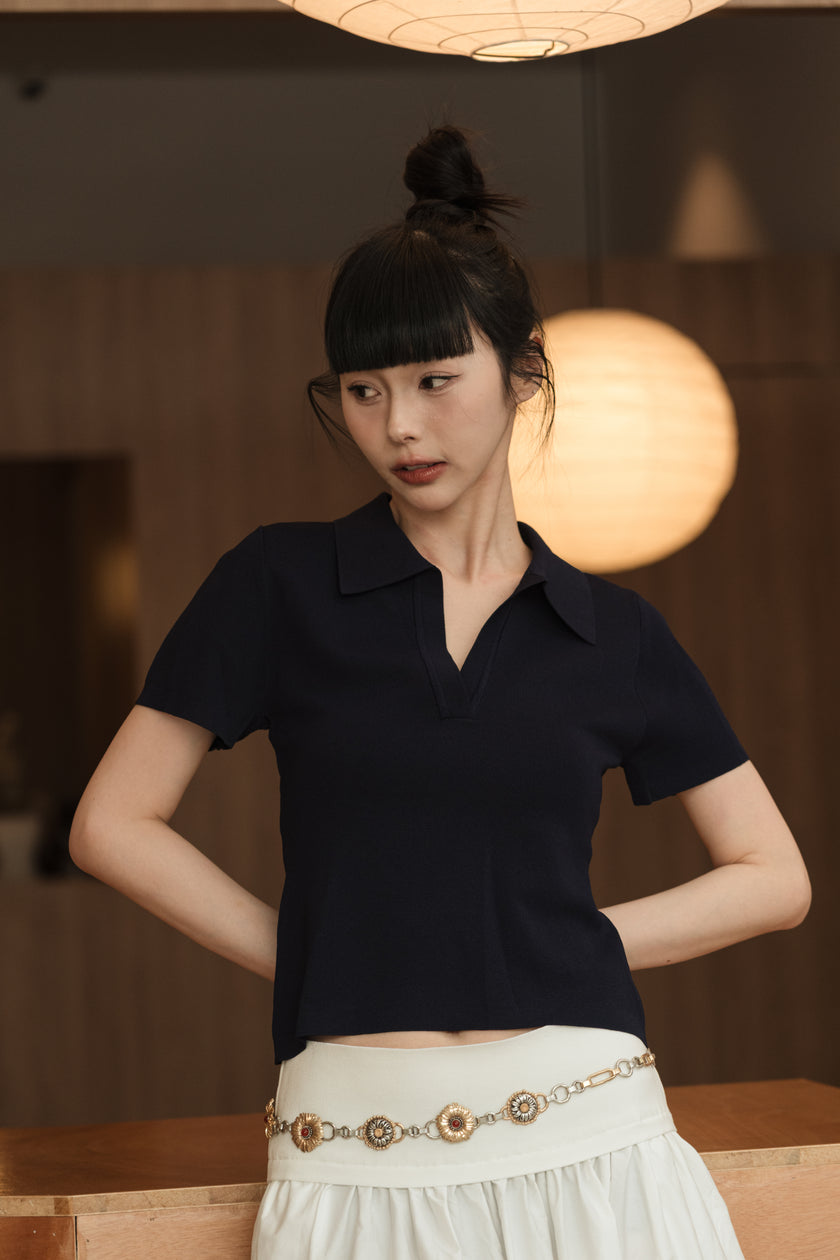 V領polo短袖上衣-深藍