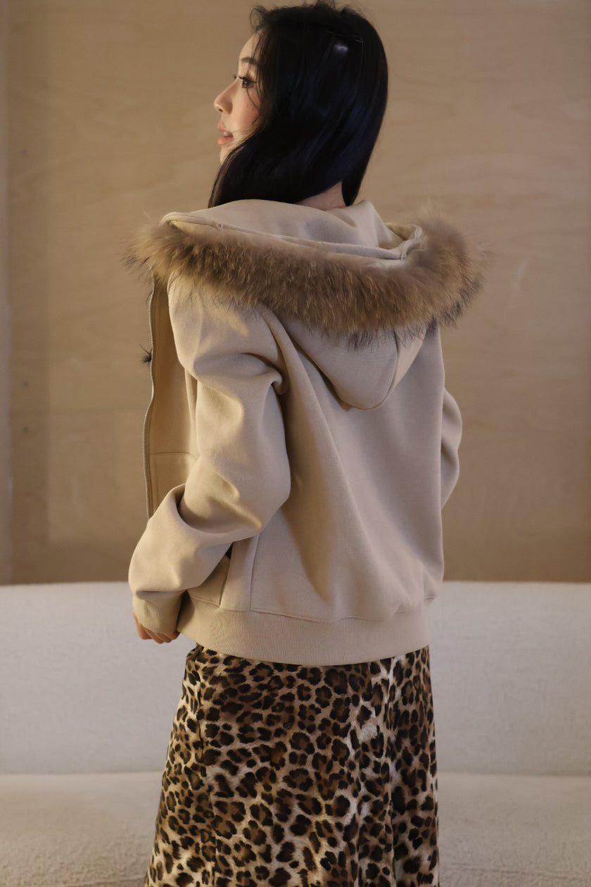 休閒狐狸毛連帽外套-卡其