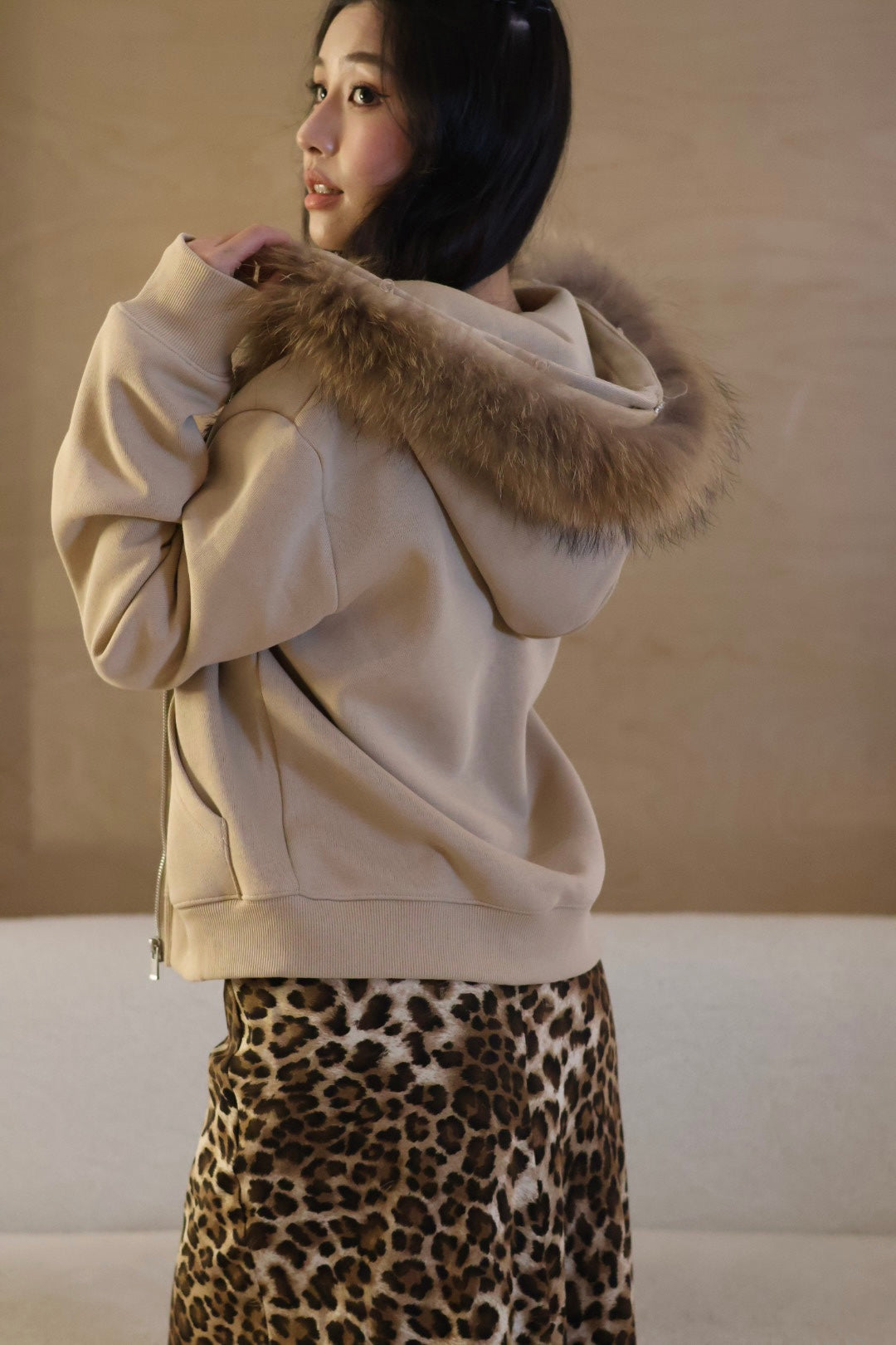 休閒狐狸毛連帽外套-卡其