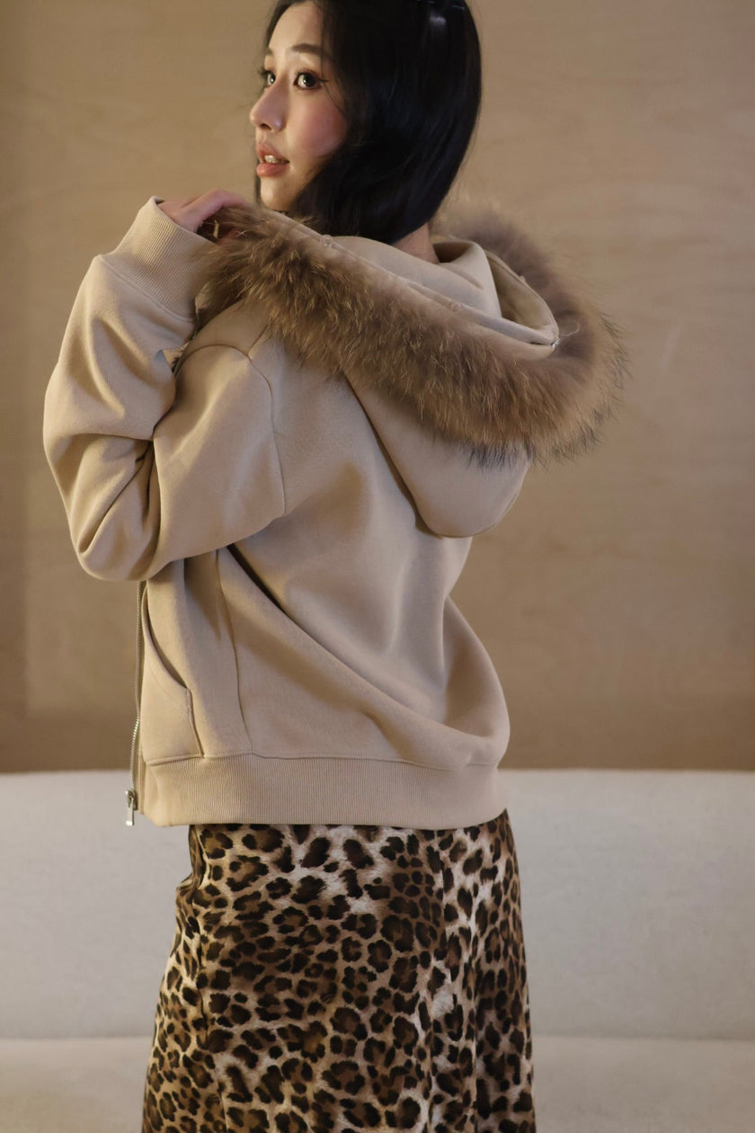 休閒狐狸毛連帽外套-卡其