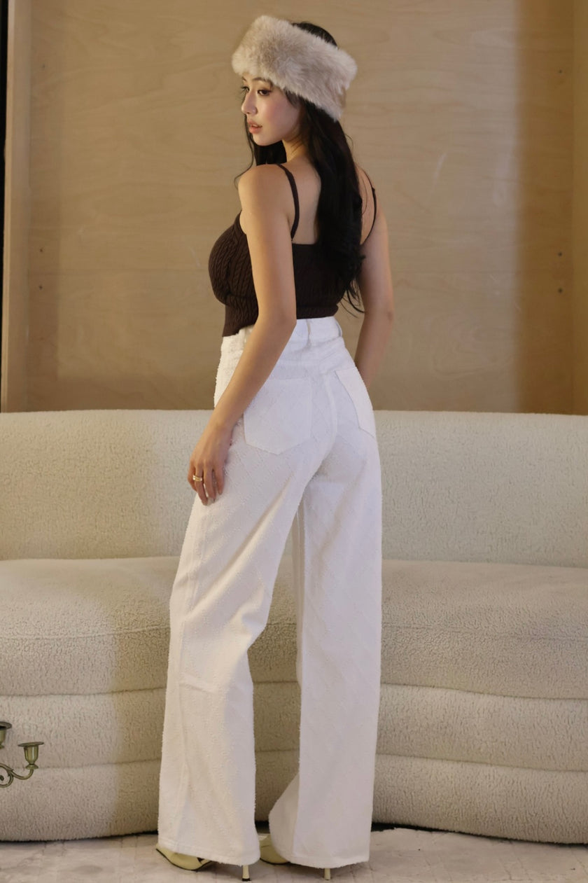 率性菱格紋高腰牛仔褲-白