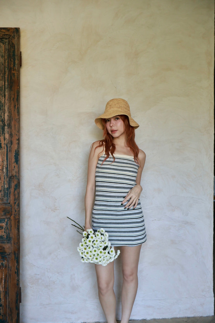 南法條紋削肩短洋-黑