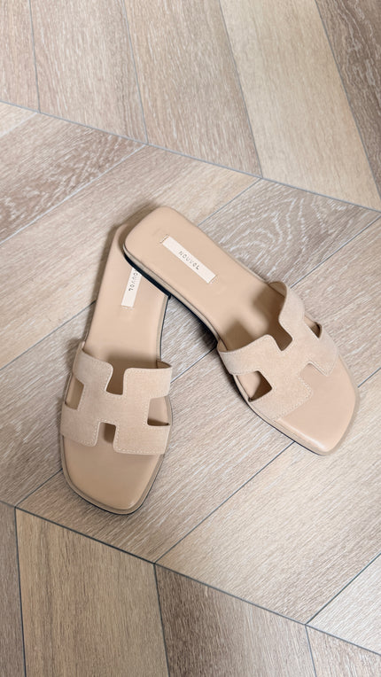 麂皮拼接真皮H拖鞋-杏