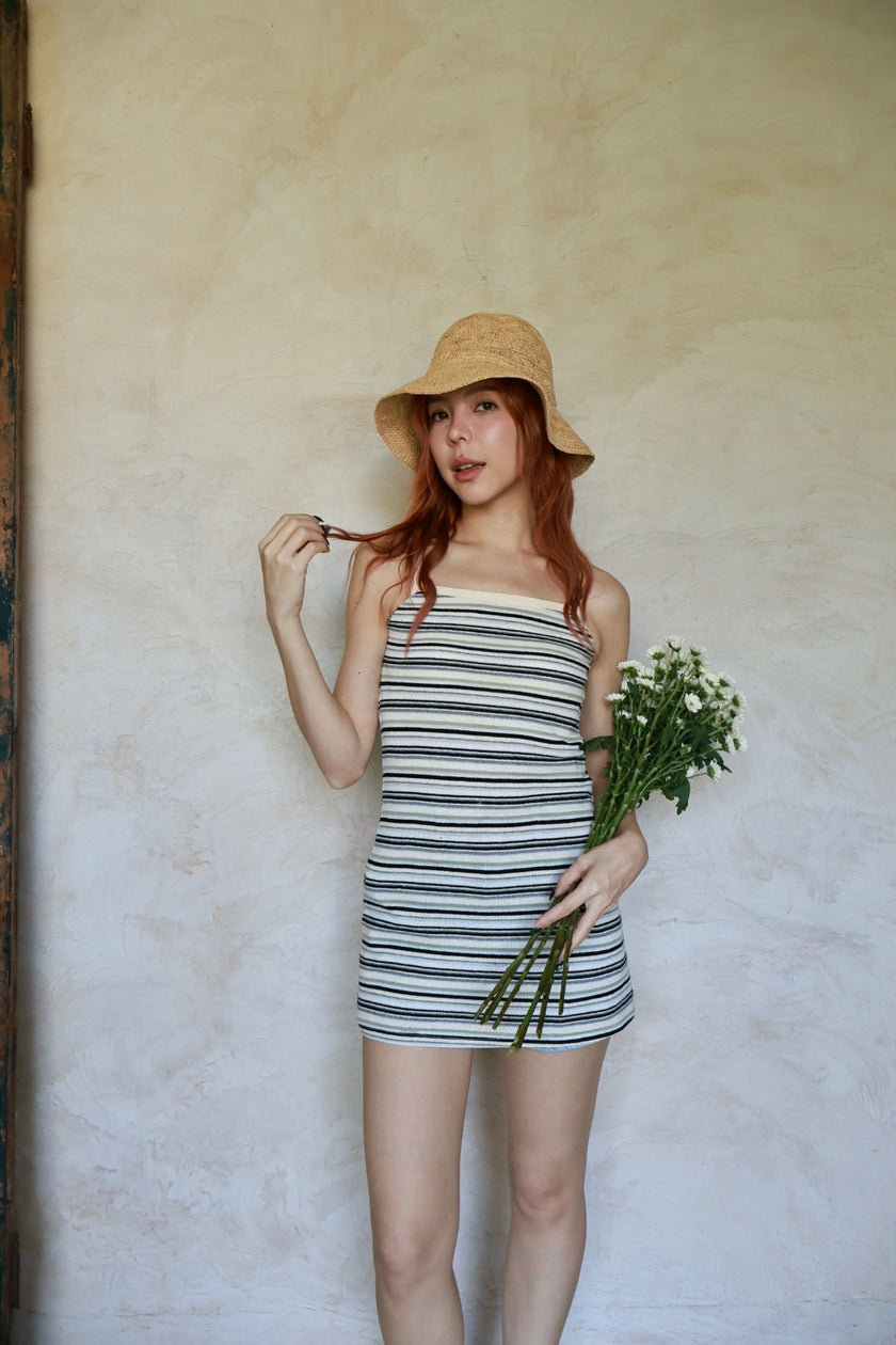 南法條紋削肩短洋-黑