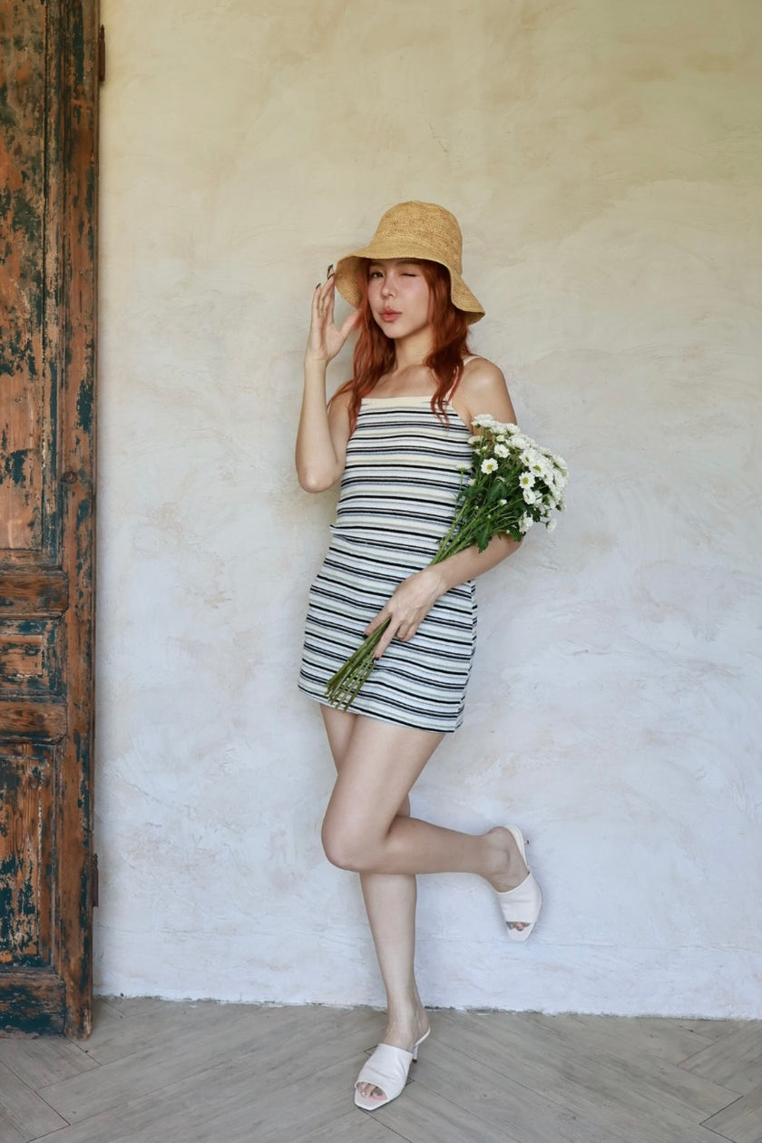 南法條紋削肩短洋-黑