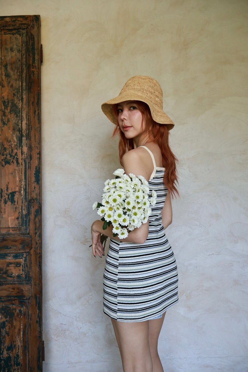 南法條紋削肩短洋-黑