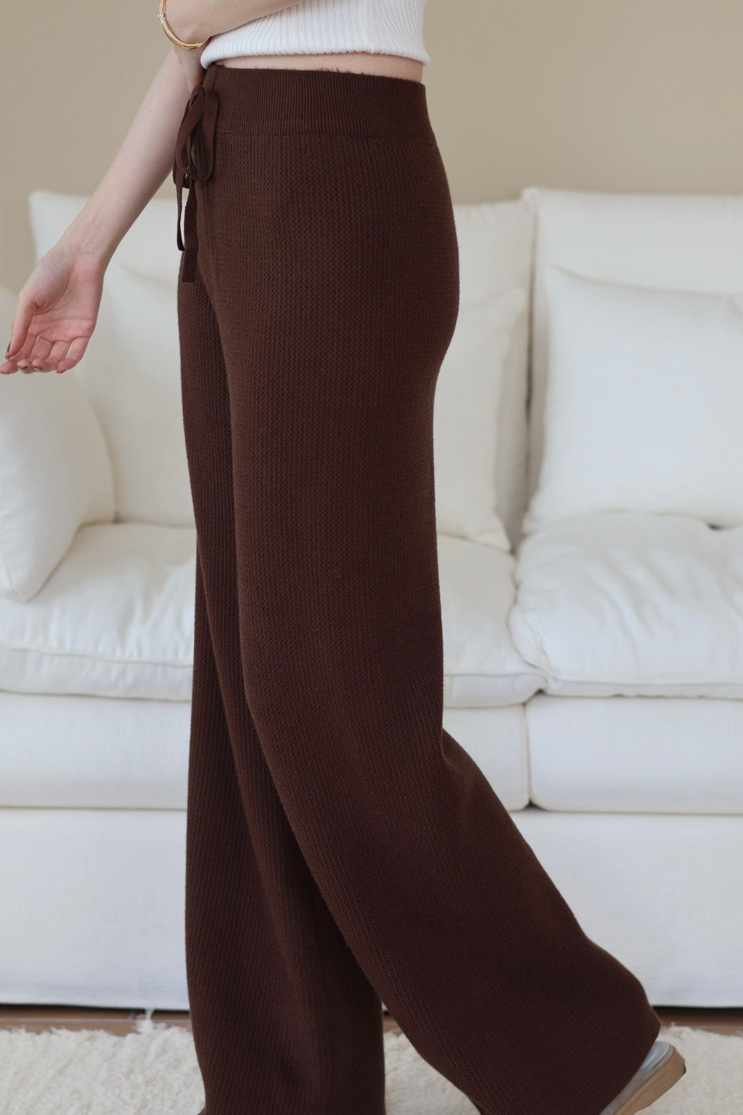 直腿刷絨針織休閒褲-咖