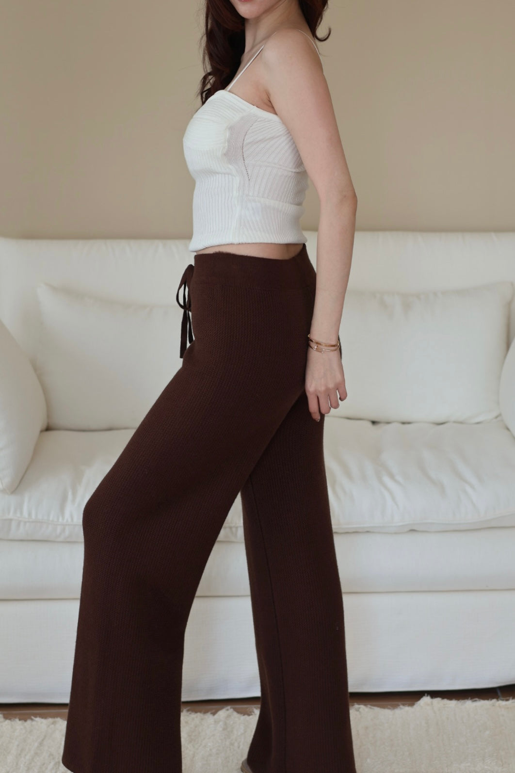 直腿刷絨針織休閒褲-咖