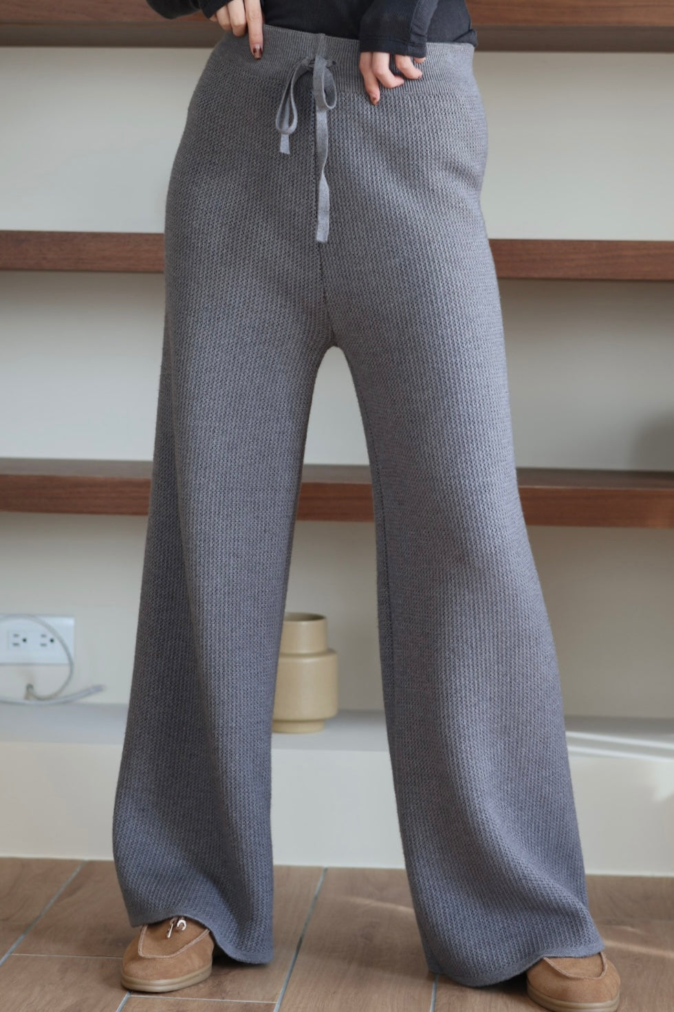 直腿刷絨針織休閒褲-灰