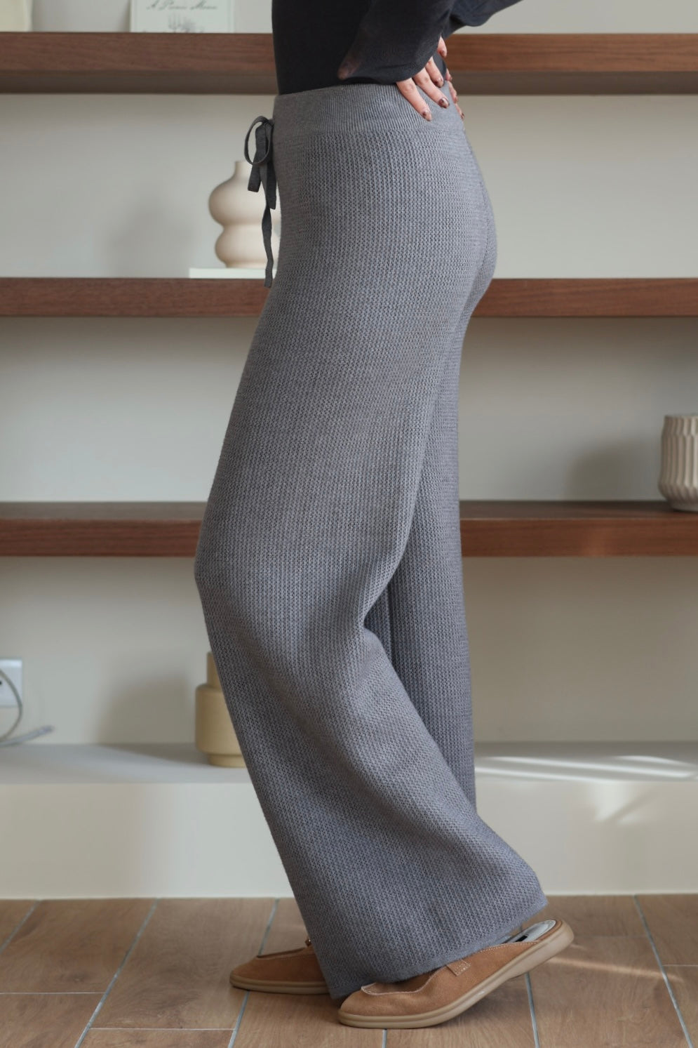 直腿刷絨針織休閒褲-灰